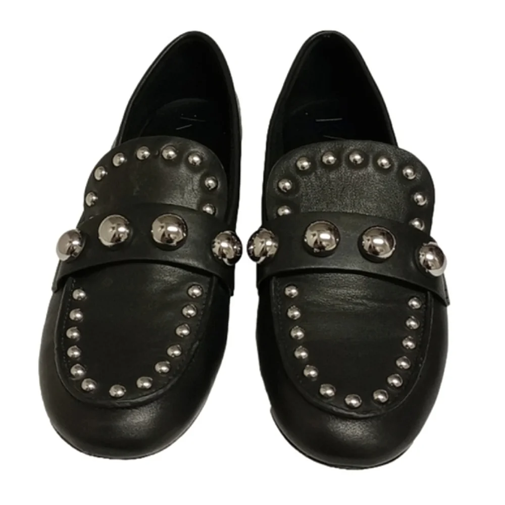KARL LAGERFELD "AVAH" BLACK LEATHER LOAFER FLATS SHOES WITH SILVER DOME … - Picture 3 of 13